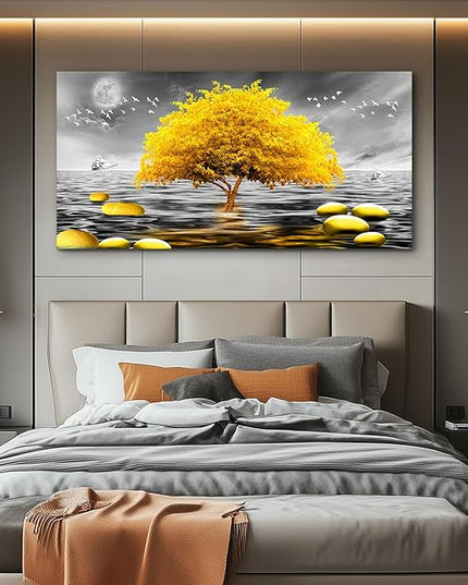 hyidecorart Canvas Wall Art 30"X60" - Black And White Ocean Scenery & Yellow Tree Art Print, Large Wall Decor Posters Abstract Pictures for Living Room, Bedroom, Office Modern Home Decor
