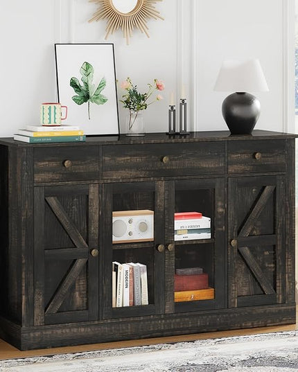4 EVER WINNER 55" Coffee Bar with 4 Glass Doors and 3 Drawers, Sideboard Buffet Cabinet with Storage, Farmhouse Coffee Bar Cabinet with Adjustable Shelves for Kitchen, Dining Room, Rustic Oak