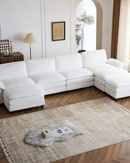 VINGLI 156" Cloud Corduroy Sectional Sofa, Comfy L-Shaped Extra Deep Seat Sofa Couch for Living Room,Modern 4-Seat Convertible Loveseat Sofa with Three Ottomans for Small Space(White)