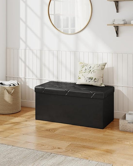 Sweetcrispy 30 Inches Folding Ottoman with Storage Bench, Foot Rest Stool, End of Bed Storage Bench Upholstered, Load 660 lbs, for Living Room, Lychee Grain Leather, Black