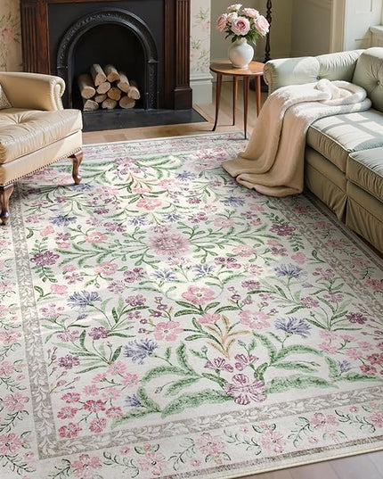Wonnitar Boho Floral Area Rug 6x9, Washable Purple Rugs for Bedroom Girls, Non Slip Ultra-Thin Soft Indoor Baby Carpet for Nursery Dorm Kids Room Living Room, Light Purple/Pink
