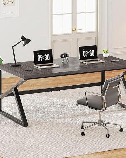 IBF Long Desks for Home Office, Large Metal Wooden Computer Desk for 2 Monitors, 70 Inch Two Person Desk for Executive Work Writing Study Gaming, Industrial Modern Big Double Desk, Dark Gray Oak