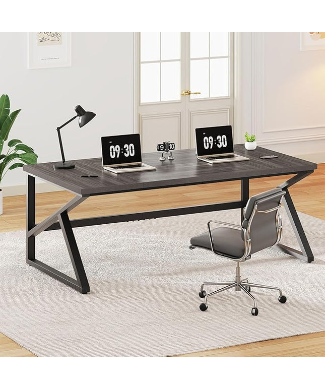 IBF Long Desks for Home Office, Large Metal Wooden Computer Desk for 2 Monitors, 70 Inch Two Person Desk for Executive Work Writing Study Gaming, Industrial Modern Big Double Desk, Dark Gray Oak
