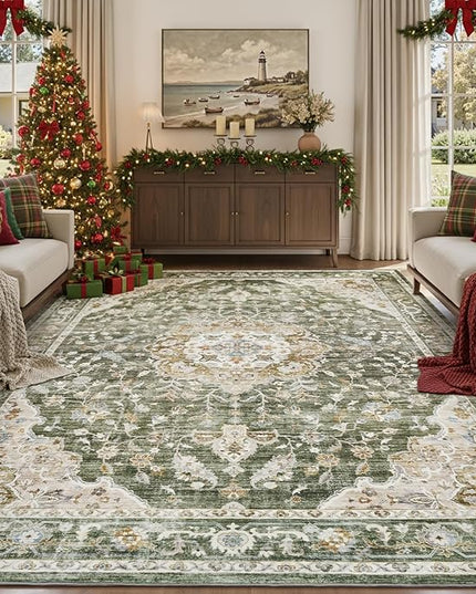 PADOOR-Vintage Area Rug 8X10 Rugs for Living Room-Soft Olive Green Rugs for Bedroom-Machine Washable Rug Non Slip Carpet-Rug for Dining Room Living Room Bedside Office