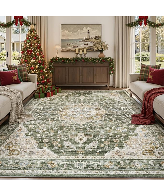 PADOOR-Vintage Area Rug 8X10 Rugs for Living Room-Soft Olive Green Rugs for Bedroom-Machine Washable Rug Non Slip Carpet-Rug for Dining Room Living Room Bedside Office