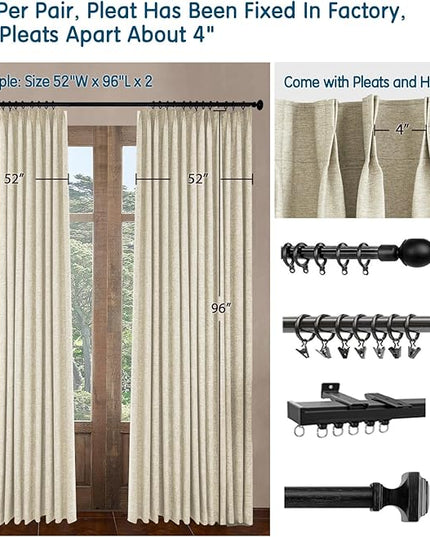 LETAU Pinch Pleats Beige Linen Texture Curtains 120 inches Long, 100% Blackout Privacy Window Curtains Panels Drapery, 84" W x 120" L, 2 Panels