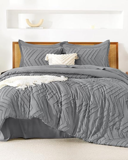 Litanika Queen Size Comforter Set with Sheets Medium Gray - 7 Pieces Bed in a Bag Queen Chevron Tufted Complete Bedding Sets with Comforter, Sheets, Pillowcases & Shams