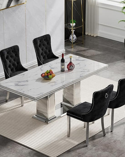 HomVent 68.11" Modern Rectangle Dining Table Set for 4, Faux Marble Top & Stainless Steel Base (Silver Table with 4 Black Chairs, 5 Pieces)