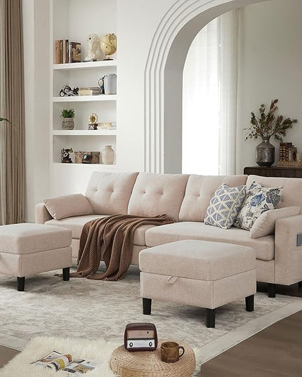 Sectional Sofa with Storage Seats, 4 Seater U Shaped Couch with 2 Movable Ottoman Chaises for Living Room, Polyester Cover & Soft Cushions, 101" Combination Sectional Couch, Beige