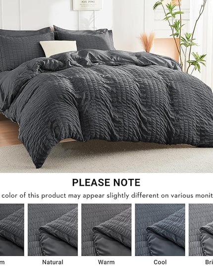 HYMOKEGE California King Comforter Set Seersucker 7 Pieces, All Season Luxury Bed in a Bag for Bedroom, Bedding Set with Comforters, Sheets, Pillowcases & Shams, Dark Grey