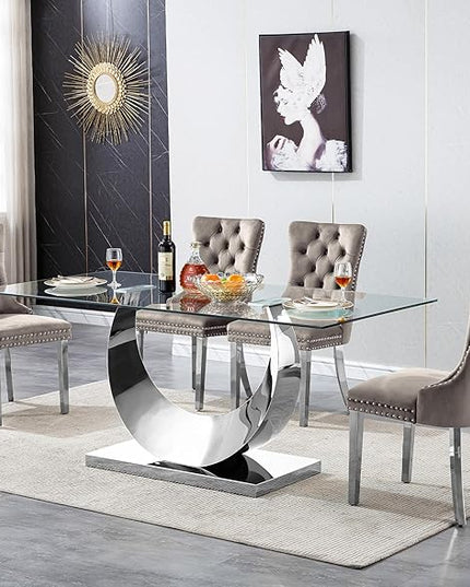 5 Piece Dining Table Set, Modern Glass Dining Table Set for 4, 70" Luxury Glass Table w/Silver Stainless Steel Base & 4 Grey Tufted Chairs, Kitchen Dining Room Sets for 4 for Breakfast Dinner Dinette