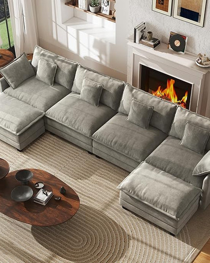 WorthFurni 146” Oversized Modular Sectional Sofa, U Shaped Cloud Couch Set for Living Room, 4-Seater Comfy Chenille Couches with 2 Movable Ottomans, DIY Combination （Grey）