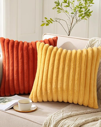 Pallene Faux Fur Plush Throw Pillow Covers 20x20 Set of 2, Luxury Soft Fluffy Striped Decorative Pillow Covers for Sofa, Couch, Living Room, Mustard Yellow
