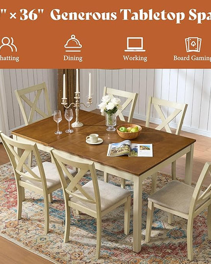 AMERLIFE 7-Piece Farmhouse Solid Wood Dining Table Set with 6 Upholstered Chairs, 60" Space Saving Dinner Table & Chairs Set, for Dining Room, Kitchen, Restaurant, Rustic Cream
