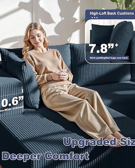 138" Boneless Couches for Living Room, Modular Cloud Couch Sofa -5 Pieces U Shap Corduroy Sectional Sofa, Fluffy Memory Foam Sleeper Sofa Furniture, No Assembly, Wide Armrest, Navy Blue