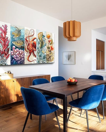 XIGUANGART Bathroom Framed Canvas Wall Art Undersea Abstract Pictures Octopus Coral Reef Vibrant Colorful Marine Animals Painting Large Wall Decor for Living Room Bedroom Nautical Home Decorations