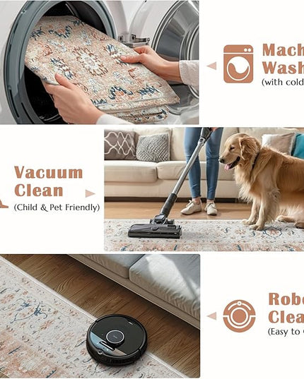 jinchan Area Rug 8x10 Living Room Rug - Washable Vintage Large Boho Floral Floor Cover Lightweight Low Pile Thin Non-Slip Retro Distressed Carpet for Bedroom Dining Room Kitchen Office Pink Blush