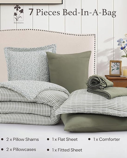Queen Comforter Set - 7 Pieces Green Gauze Muslin Bedding Sets for All Seasons, Lightweight Breathable Bed in a Bag Queen with Revesible Farmhouse Comforter, Sheets, Pillowcases & Shams