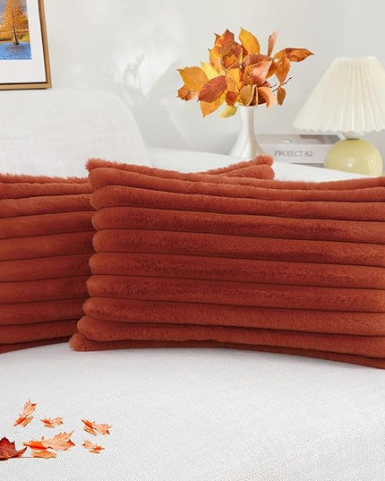 decorUhome Faux Fur Spring Throw Pillow Covers 12x20 Set of 2, Decorative Soft Plush Striped Neutral Couch Euro Pillow Covers with Velvet Back for Sofa, Bed, Living Room Home Decor, Rust