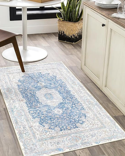 Small Rugs 2x3,Blue Rug for Entryway Bathroom Bedroom Kitchen Entrance Doormat,Boho Vintage Bohemian Distressed Washable Accent Floor Throw Carpet Non Slip,Floral