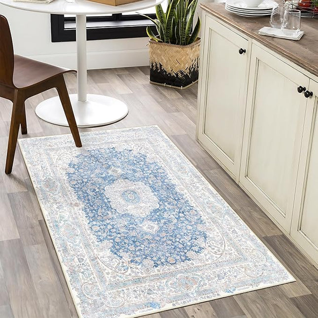 Small Rugs 2x3,Blue Rug for Entryway Bathroom Bedroom Kitchen Entrance Doormat,Boho Vintage Bohemian Distressed Washable Accent Floor Throw Carpet Non Slip,Floral