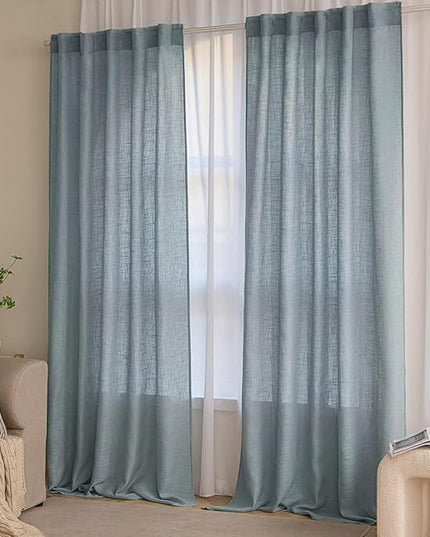 MIULEE Dusty Blue Linen Curtains 90 Inch Long 2 Panels for Bedroom Living Room, Soft Thick Linen Textured Window Drapes Semi Sheer Light Filtering Rod Pocket Back Tab Light Blue Burlap Look Decor