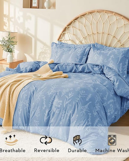 MUXHOMO Ice Blue Bed in a Bag King 7 Pieces, King Comforter Set Reversible Botanical Flowers Design, Ultra Soft & Breathable Bedding Sets with Comforter, Sheets, Pillowcases & Shams