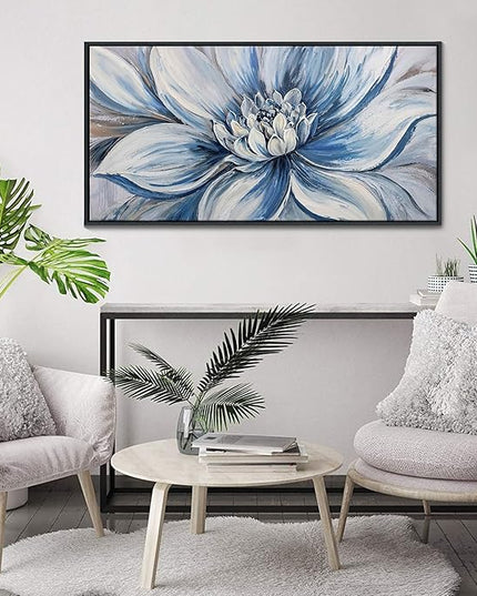 Pogusmavi Blue Floral Wall Art for Living Room - Large Textured Flower Pictures for Bedroom - Canvas Paintings, Extra Large Blue and White Wall Decor Dining Room Artwork for Walls 24×48IN