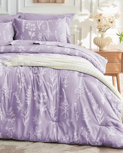 MUXHOMO Lavender Cal King Comforter Set, Elegant Floral Print Bed in a Bag 7 Pieces, Ultra Soft & Breathable Reversible Botanical Pattern Bedding Set with Comforter, Sheets, Pillowcases, and Shams