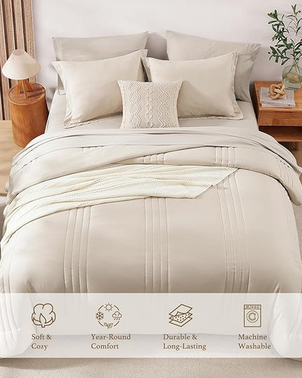 Monbix California King Size Comforter Set - 7 Pieces Bed in a Bag California King, Beige Bedding Sets with Comforter, All Seasons Down Alternative Comforter Bed Set with Sheets, Pillowcases & Shams