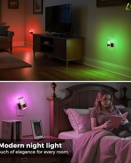 L LOHAS LED Night Light, Night Lights Plug into Wall, 2 Pack 10-Color RGB Change Nightlights,10/50/100LM Adjustable Automatic Nightlights Plug in with Dusk to Dawn Sensor for Room Bathroom Hallway