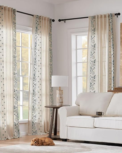 jinchan Winslow Linen Curtains for Bedroom 63 Inches Length Embroidered Bordered Floral Curtains for Living Room Farmhouse Decor Light Filtering Window Treatments Blue on Beige Drapes 2 Panels