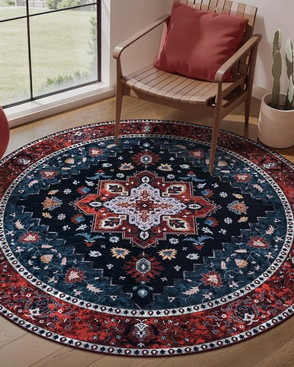 Ciicool Boho Area Rug 4x4ft Round Washable Bedroom Non-Slip Vintage Entryway Throw Low-Pile Indoor Carpet for Living Room Foyer
