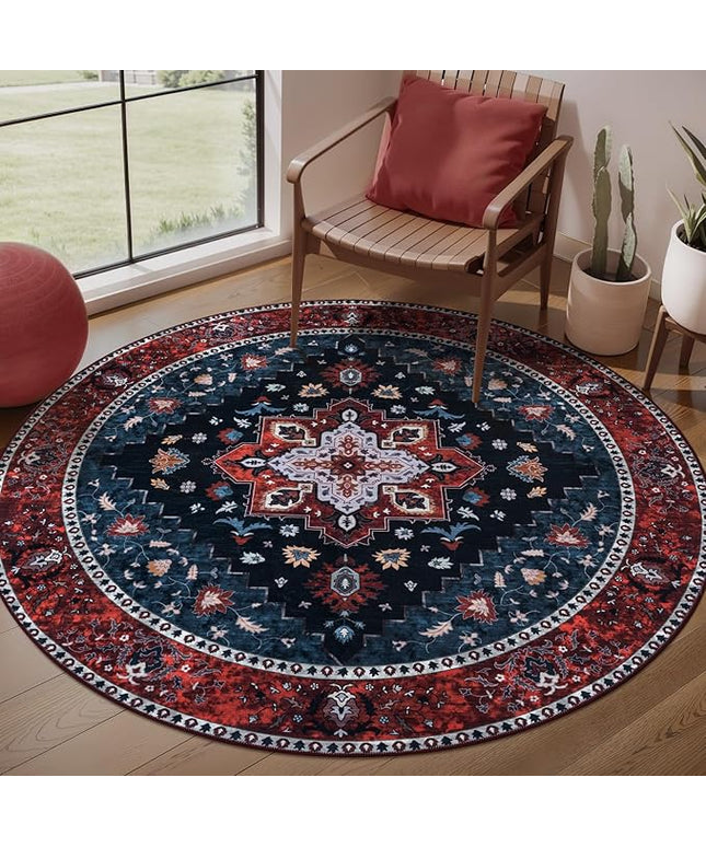 Ciicool Boho Area Rug 4x4ft Round Washable Bedroom Non-Slip Vintage Entryway Throw Low-Pile Indoor Carpet for Living Room Foyer