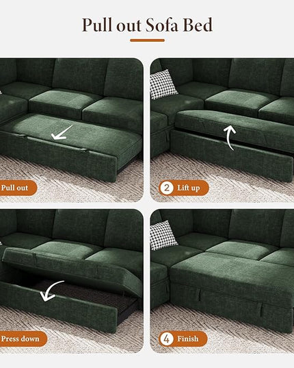 Vesgantti 113.6" Modular Sectional Sofa with Pull Out Couch Bed, 7 Seater U Shaped Sleeper Sofa with Storage Chaise, Chenille Sectional Couch for Living Room, Bedroom, Apartment, Green