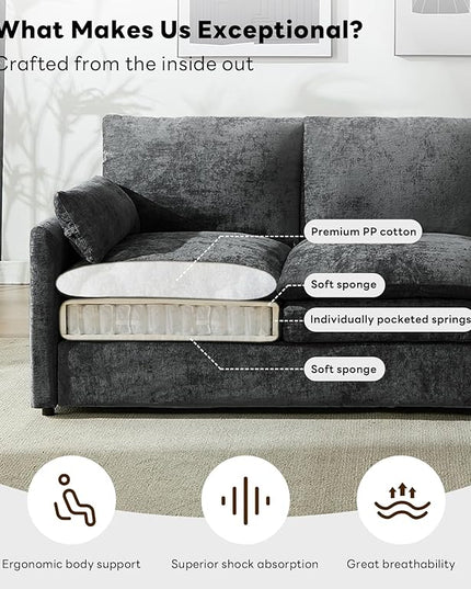 Tbfit Modern Couch, 89" Cloud Sofa, Spring Seat Cushions, Comfy 3-Seater w/Pillows, Chenille Fabric Removable Covers, Soft Upholstered Living Room Furniture for Home Apartment, Dark Gray
