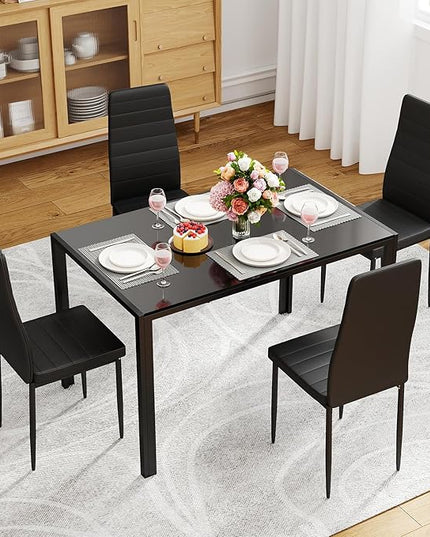 FDW | Dining Table Set for 4 | 5-Piece Glass Black Dining Table | Kitchen Table with 4 Upholstered Chairs and Faux Leather Cushions | Space-Saving and Modern Design | for Dining Room, Easy to Assemble