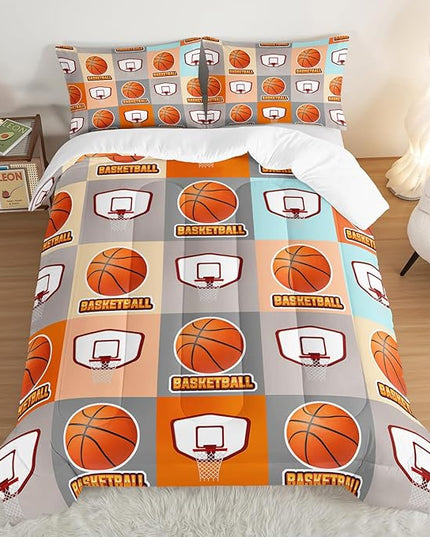 Basketball Bedding Kids Comforter Set King Size,Sports Style Basketball Printing Bedding Set for Teens Boys Room Decor,Ball Sports Games Comforter Set Soft Kids Bedding with 2 Pillowcases.