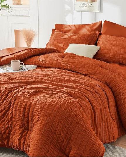 HYMOKEGE Burnt Orange Twin XL Comforter Set Seersucker 5 Pieces, All Season Luxury Bed in a Bag for Bedroom, Bedding Set with Comforter, Sheets, Pillowcase & Sham