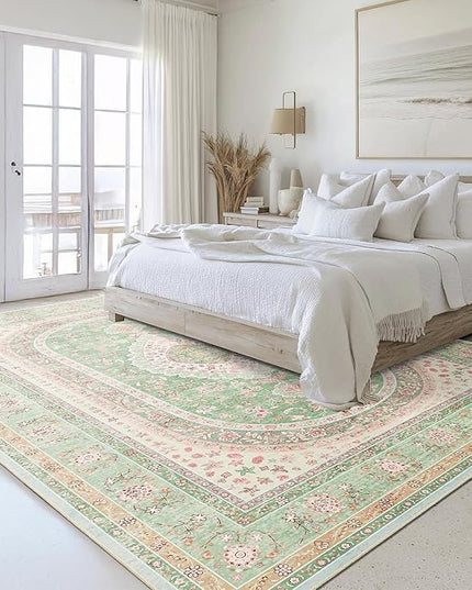 8x10 Area Rugs Washable,Green Rug for Living Room Bedroom Dining Room,Large Boho Vintage Bohemian Distressed Oriental Carpet Non Slip,Sage Blush Floral