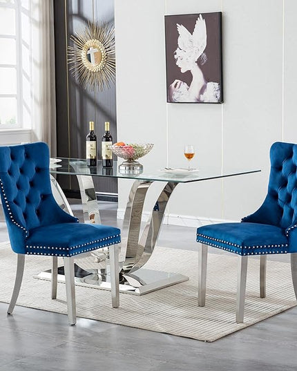 70" Modern Silver Glass Dining Table Set for 4, 5-Piece Rectangle Kitchen Dining Room Table Set with Steel Base & 4 Blue Velvet Upholstered Chairs, Modern Glass Kitchen Table and Chairs Set of 4