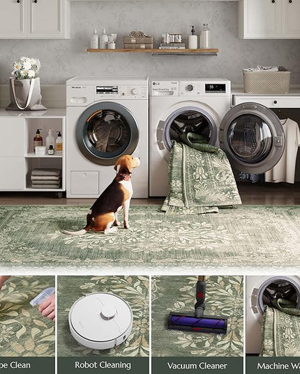 jinchan Green Floral 3x5 Area Rugs for Entryway - Machine Washable Vintage Distressed Design Low-Pile Soft Non-Shedding Christmas Carpet for Kitchen Bedroom Laundry Living Room (3x5ft, Dark Green)