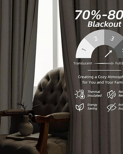 DriftAway Farmhouse Linen Blend Blackout Curtains 45 Inches Long for Bedroom Vertical Striped Printed Grommet Curtains Thermal Insulated Lined Treatments for Living Room 2 Panels W52 x L45 Gray