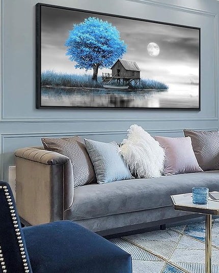 JEAWA Large Framed Canvas Wall Art - Blue Gray Picture for Living Room Home Office, Winter Landscape Canvas Paintings, Moon Pictures Wall Decor, Tree Artwork Print, 29x58 IN