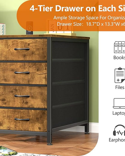 60 Inch Computer Desk with 8 Drawers, Home Office Desk with Power Outlets, Work Study Gaming Desk with 8 Fabric Drawers, Rustic Brown
