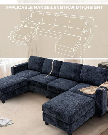 110" Chenille Sectional Sofa with Movable Ottomans, Modular U-Shape Couch with Cup Holders, Convertible 4 Seater Sofa with Well-Filled Backrest Cushions for Living Room, House, Blue