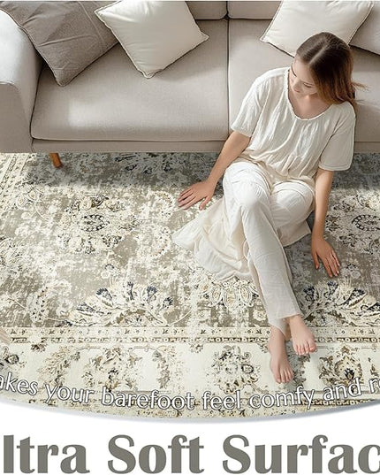jinchan Fiora Runner Rug 2x6 Washable Hallway Runner - Vintage Floral Non Slip Low-Pile Soft Thin Kitchen Rug Distressed Carpet for Farmhouse Bedroom Entryway Laundry Room(2x6ft, Taupe)