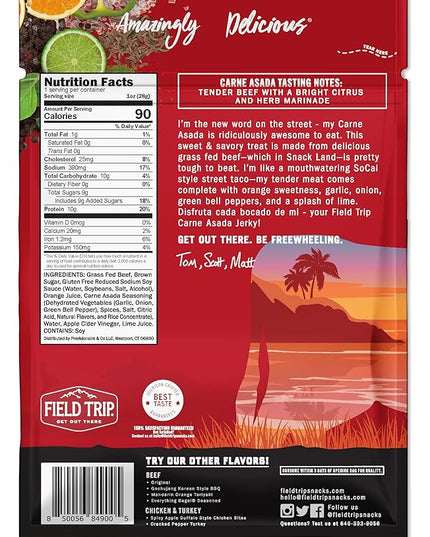 Field Trip Grass Fed Beef Jerky, Healthy Gluten Free Snacks, All Natural, Paleo-Friendly Beef Jerky, High Protein, Low Carb Snack with No Nitrates, 1oz Bag, 12 Pack, Carne Asada
