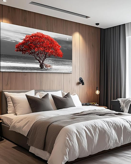 wall art for living room Decorations Photo Prints - panoramic black and white with red trees The moon Landscape - Modern Home Decor The room Stretched and Framed Ready to Hang artwork 30x60inches