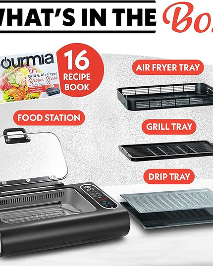 Gourmia Smokeless Indoor Grill & Air Fryer with Recipe Book – Electric Grill for Indoor Use, 5‑in‑1 Countertop Cooker, Cast-Iron Grate, 1650W, Glass Lid, Dishwasher-Safe Plates